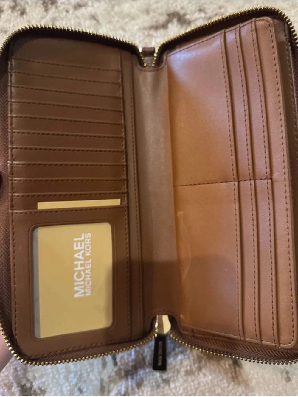 Michael Kors Chestnut Pebbled Leather Zip Wallet with Gold Logo